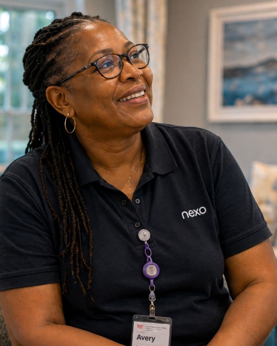 Smiling Nexo care worker in glasses and a navy uniform in a care home lounge